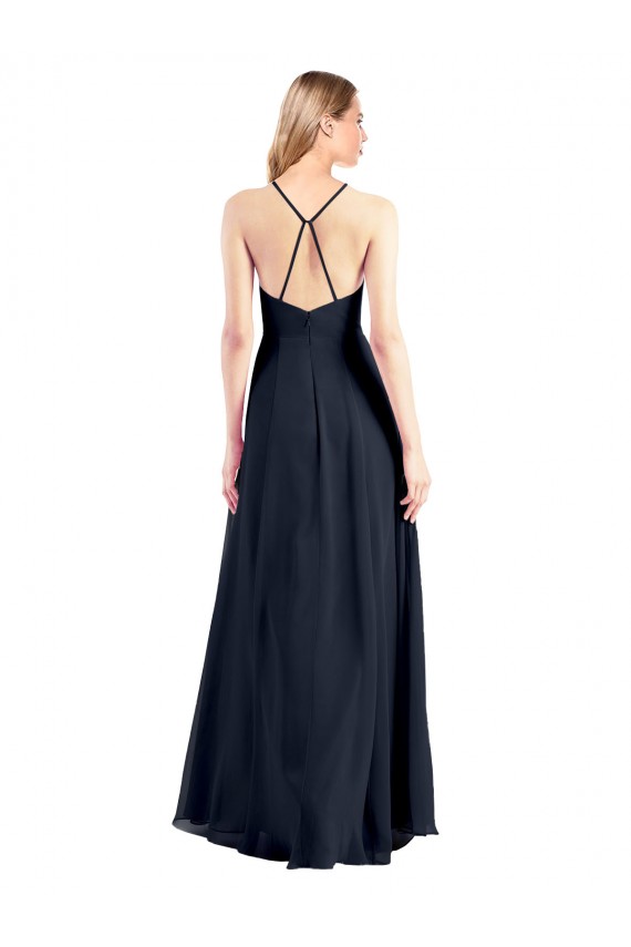 Großhandel Dunkelmarine A-Linien V-Ausschnitt Chiffon Lange Brautjungfernkleider / Abiballkleider