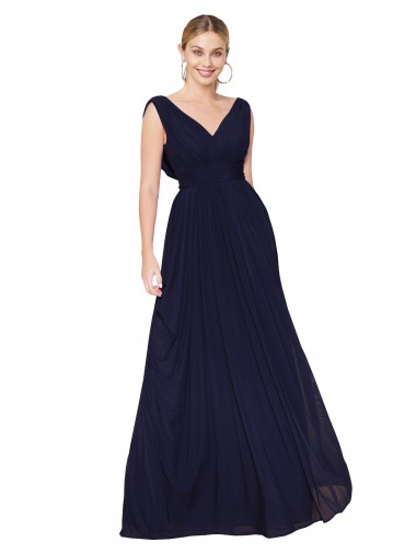 Großhandel Dunkelmarine A-Linien V-Ausschnitt Chiffon Lange Formale Brautjungfernkleider / Abendkleider / Abiballkleider