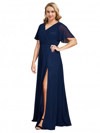 Großhandel Dunkelmarine A-Linien V-Ausschnitt Chiffon Lange Formale Brautjungfernkleider / Abendkleider / Abiballkleider
