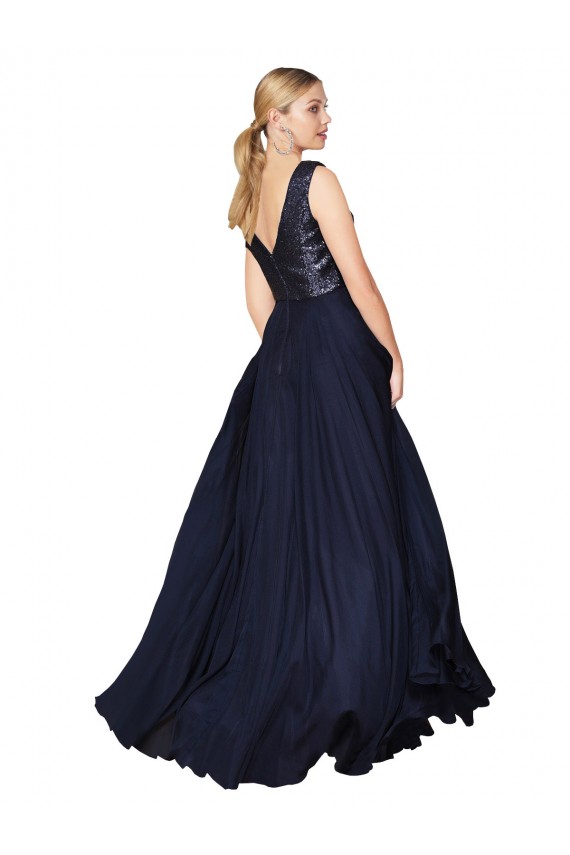 Großhandel Dunkelmarine A-Linien V-Ausschnitt Chiffon Paillette Lange Brautjungfernkleider / Abiballkleider
