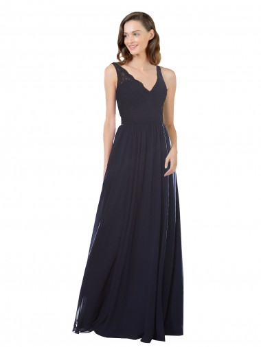 Großhandel Dunkelmarine A-Linien V-Ausschnitt Chiffon Spitze Lange Brautjungfernkleider