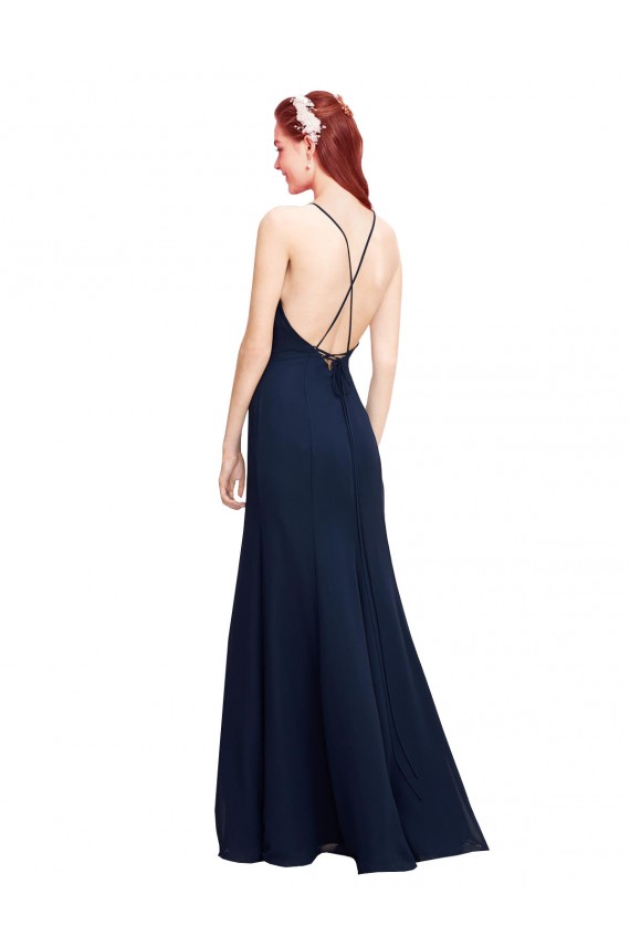 Großhandel Dunkelmarine Meerjungfrau Neckholder Stehkragen Ausschnitt Chiffon Lange Brautjungfernkleider / Abiballkleider