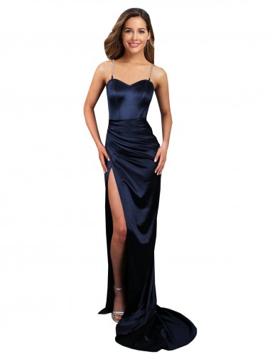 Großhandel Dunkelmarine Meerjungfrau Stretch-Satin Lange Formale Brautjungfernkleider / Abendkleider / Abiballkleider