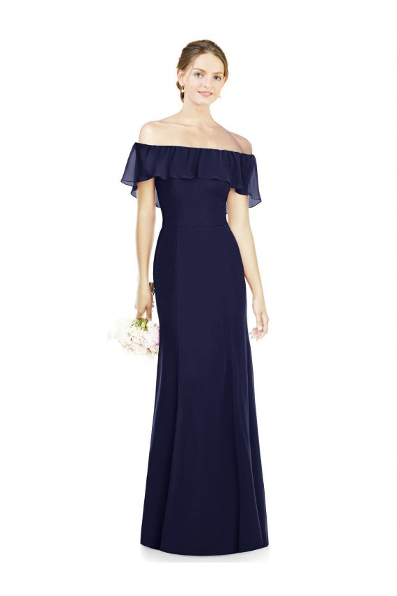 Großhandel Dunkelmarine Trompete Off-Schulter Chiffon Lange Brautjungfernkleider