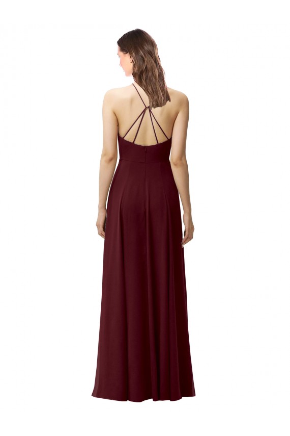 Großhandel Dunkler Burgunder A-Linien Neckholder Stehkragen Ausschnitt Chiffon Lange Brautjungfernkleider
