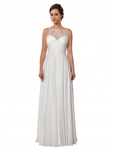 Großhandel Elfenbein A-Linien Illusion Ausschnitt Sweep Zug Chiffon Boho Brautkleider