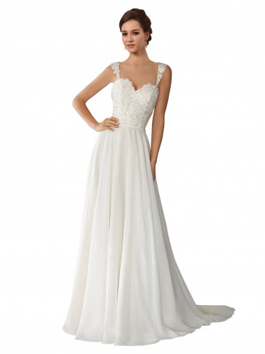 Großhandel Elfenbein A-Linien Kapelle-schleppe Chiffon Spitze Brautkleider