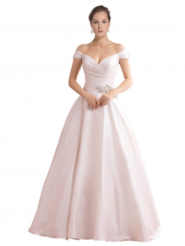 Großhandel Elfenbein A-Linien Off-Schulter Kapelle-schleppe Satin Brautkleider
