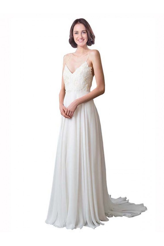 Großhandel Elfenbein A-Linien Spaghetti-Träger V-Ausschnitt Kapelle-schleppe Chiffon Spitze Strand Brautkleider