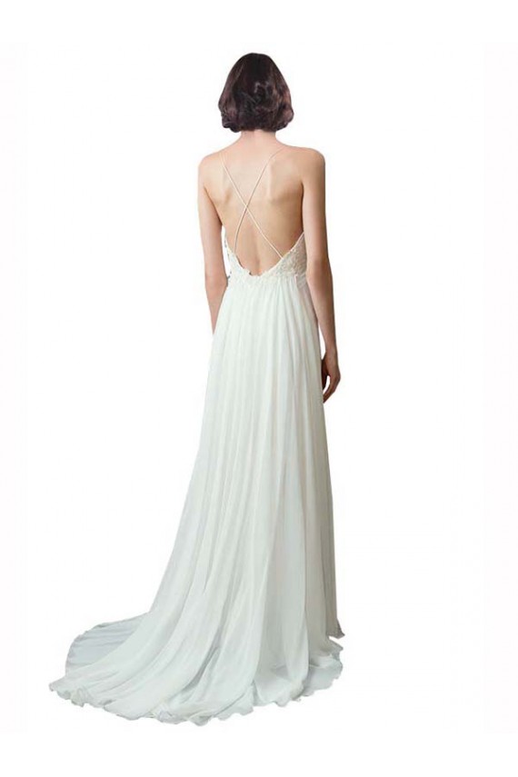 Großhandel Elfenbein A-Linien Spaghetti-Träger V-Ausschnitt Kapelle-schleppe Chiffon Spitze Strand Brautkleider