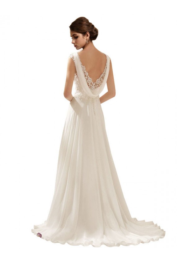 Großhandel Elfenbein A-Linien V-Ausschnitt Sweep Zug Chiffon Spitze Brautkleider