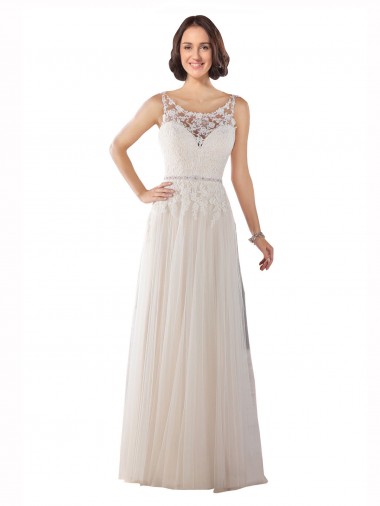 Großhandel Elfenbein & Champagner A-Linien Illusion Ausschnitt Sweep Zug Tüll Boho Brautkleider