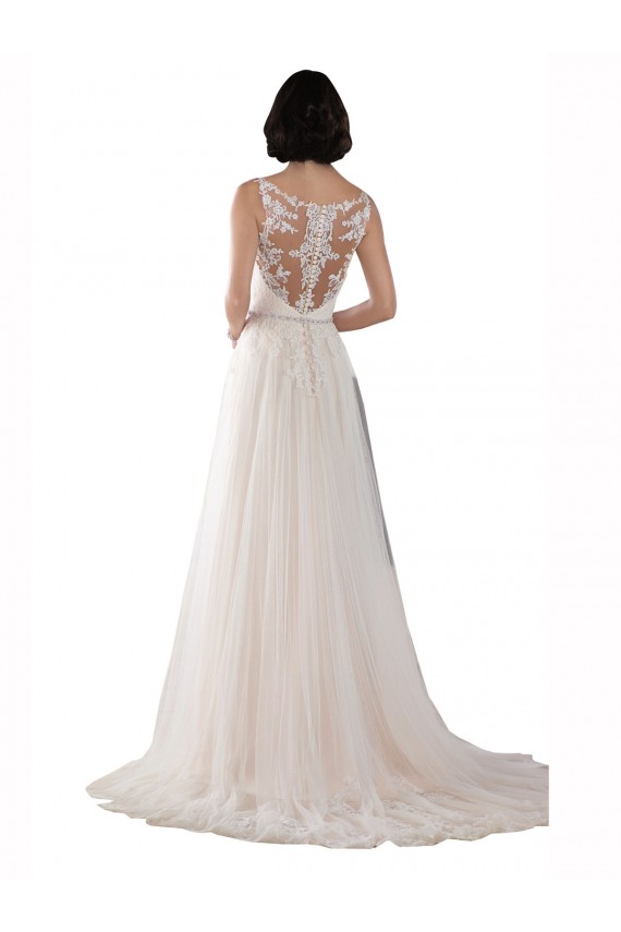 Großhandel Elfenbein & Champagner A-Linien Illusion Ausschnitt Sweep Zug Tüll Boho Brautkleider
