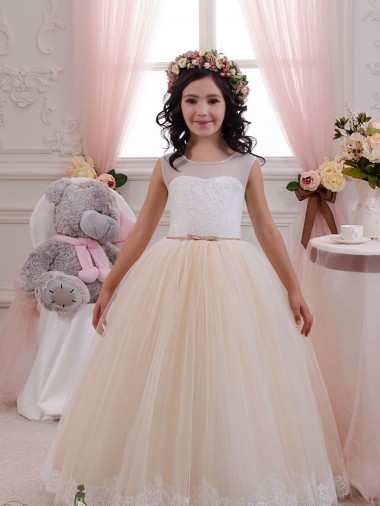 Großhandel Elfenbein & Champagner Prinzessin Tüll Spitze Lange Blumenmädchenkleider