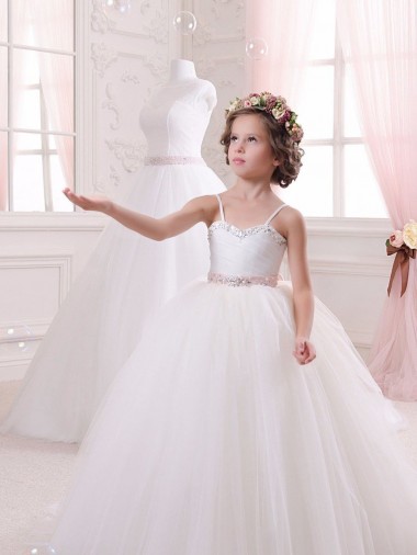 Großhandel Elfenbein Prinzessin Kapelle-schleppe Tüll Lange Blumenmädchenkleider