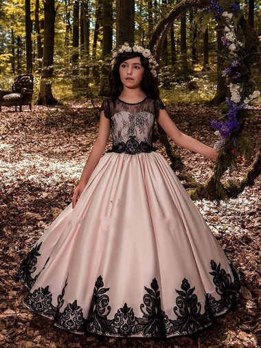 Großhandel Elfenbein Prinzessin Satin Spitze Lange Blumenmädchenkleider