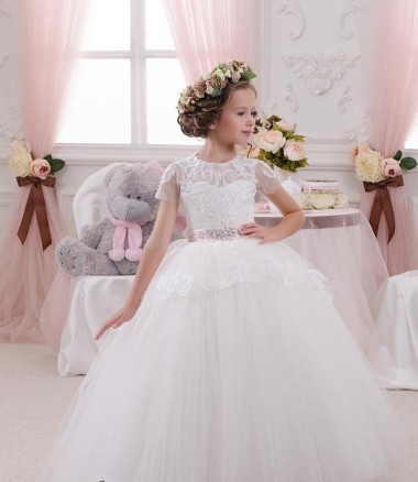 Großhandel Elfenbein Prinzessin Tüll Spitze Lange Blumenmädchenkleider