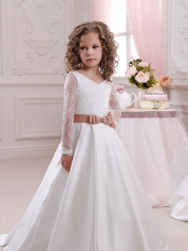 Großhandel Elfenbein Prinzessin V-Ausschnitt Kapelle-schleppe Satin Spitze Lange Blumenmädchenkleider