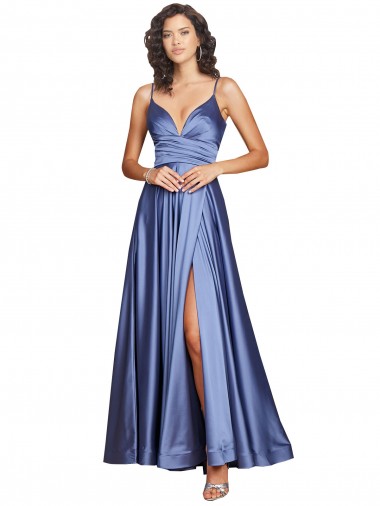 Großhandel Französisch Blau A-Linien Spaghetti-Träger Seidiger Satin Lange Formale Brautjungfernkleider / Abendkleider / Abiballkleider