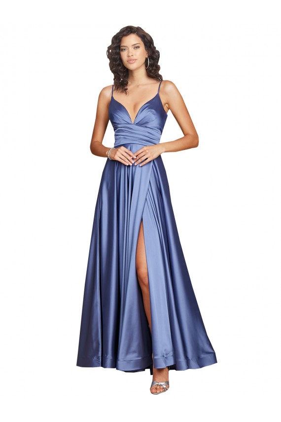 Großhandel Französisch Blau A-Linien Spaghetti-Träger Seidiger Satin Lange Formale Brautjungfernkleider / Abendkleider / Abiballkleider