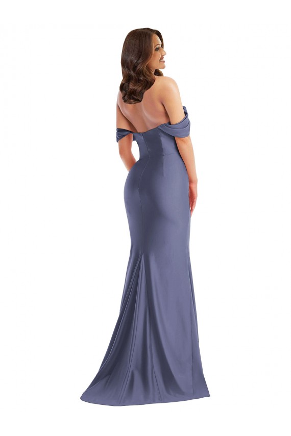 Großhandel Französisch Blau Meerjungfrau Off-Schulter Seidiger Satin Lange Formale Brautjungfernkleider / Abendkleider / Abiballkleider