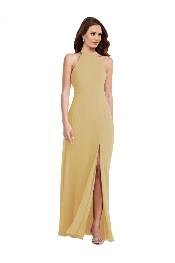 Großhandel Gold A-Linien Neckholder Chiffon Lange Brautjungfernkleider