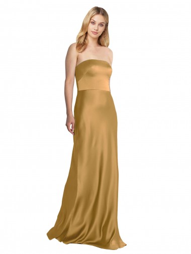 Großhandel Gold A-Linien Trägerlos Stretch-Satin Lange Formale Brautjungfernkleider / Abendkleider / Abiballkleider
