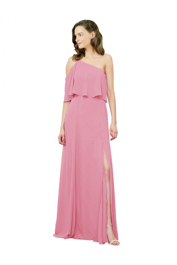 Großhandel Hautrosa A-Linien Eine-Schulter Chiffon Lange Brautjungfernkleider