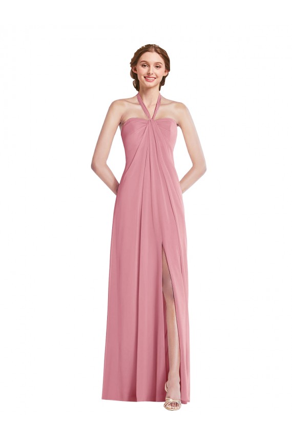 Großhandel Hautrosa A-Linien Neckholder Chiffon Lange Brautjungfernkleider