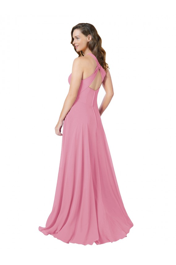 Großhandel Hautrosa A-Linien Neckholder Chiffon Lange Brautjungfernkleider / Abiballkleider
