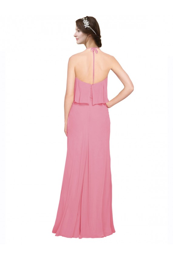 Großhandel Hautrosa A-Linien Neckholder Stehkragen Ausschnitt Chiffon Lange Brautjungfernkleider