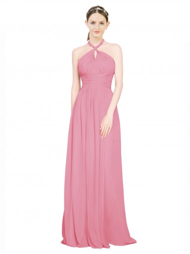 Großhandel Hautrosa A-Linien Neckholder V-Ausschnitt Chiffon Lange Brautjungfernkleider