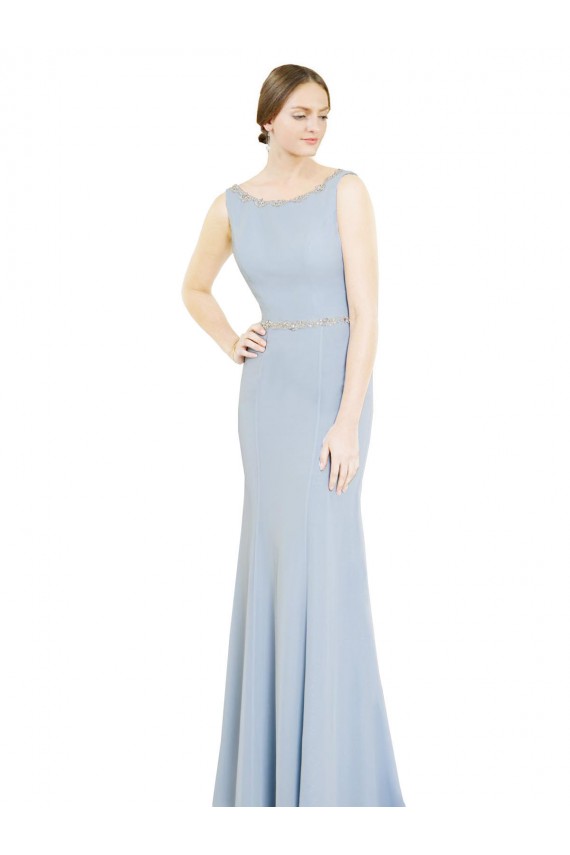 Großhandel Helles Himmelblau A-Linien Bootshals Stehkragen Ausschnitt Chiffon Lange Brautjungfernkleider