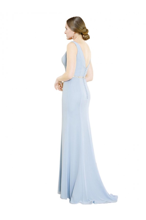 Großhandel Helles Himmelblau A-Linien Bootshals Stehkragen Ausschnitt Chiffon Lange Brautjungfernkleider