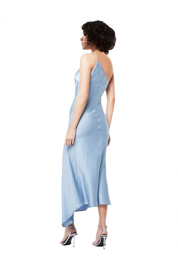 Großhandel Helles Himmelblau A-Linien Eine-Schulter Midi Seidiger Satin Kurze Formale Brautjungfernkleider / Abendkleider / Abiballkleider / Cocktailkleider / Heimkehr Kleider