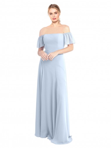 Großhandel Helles Himmelblau A-Linien Off-Schulter Quadrat Ausschnitt Chiffon Lange Brautjungfernkleider