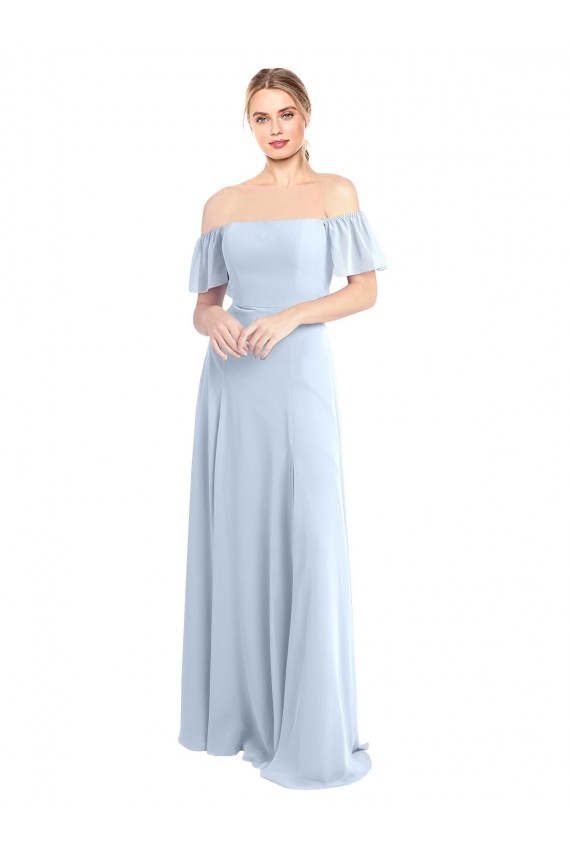 Großhandel Helles Himmelblau A-Linien Off-Schulter Quadrat Ausschnitt Chiffon Lange Brautjungfernkleider
