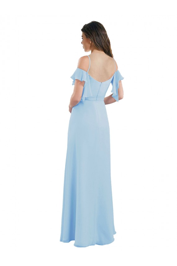Großhandel Helles Himmelblau A-Linien Spaghetti-Träger Chiffon Lange Brautjungfernkleider