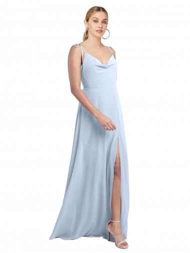Großhandel Helles Himmelblau A-Linien Spaghetti-Träger Haube Ausschnitt Chiffon Lange Brautjungfernkleider