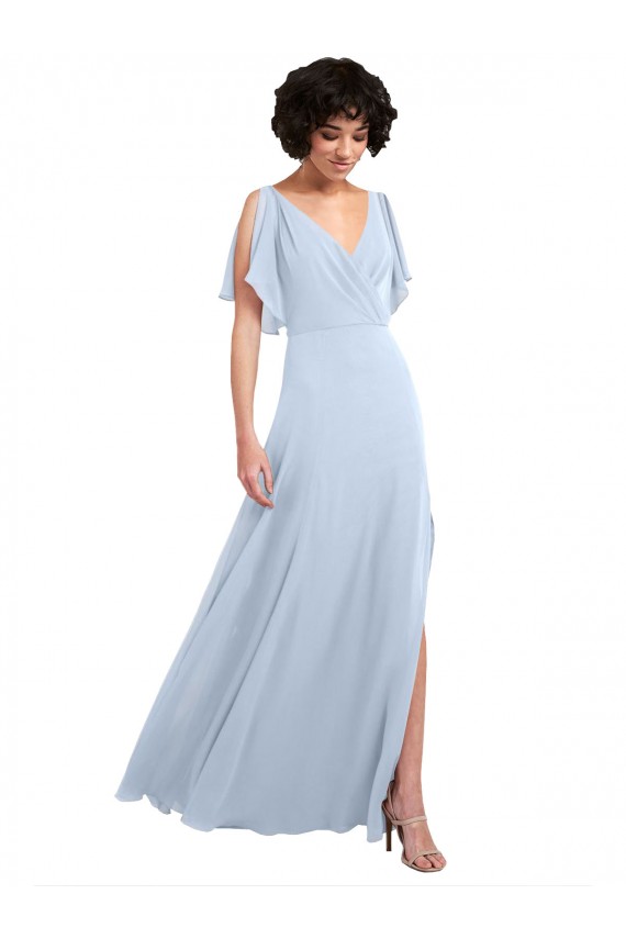 Großhandel Helles Himmelblau A-Linien V-Ausschnitt Chiffon Lange Brautjungfernkleider