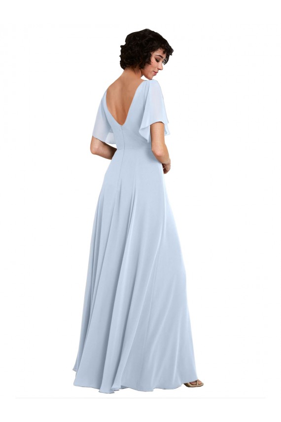 Großhandel Helles Himmelblau A-Linien V-Ausschnitt Chiffon Lange Brautjungfernkleider