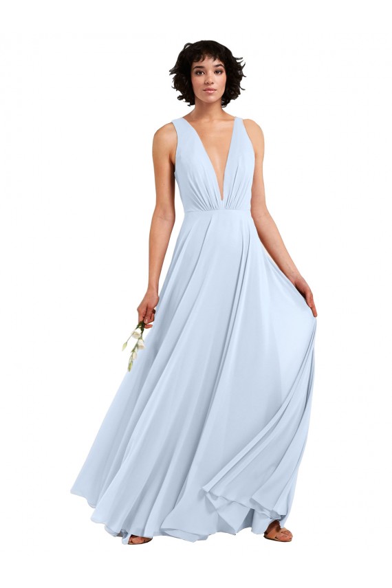 Großhandel Helles Himmelblau A-Linien V-Ausschnitt Chiffon Lange Brautjungfernkleider