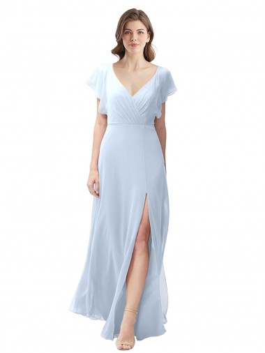 Großhandel Helles Himmelblau A-Linien V-Ausschnitt Chiffon Lange Brautjungfernkleider
