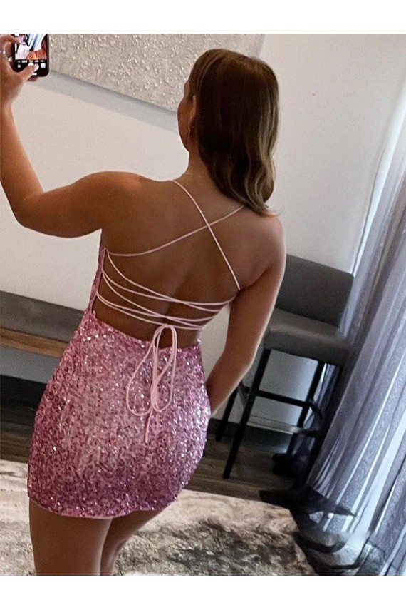 Großhandel Hot Rosa Etui Spaghetti-Träger Kurze Samt Paillette Kurze Abiballkleider