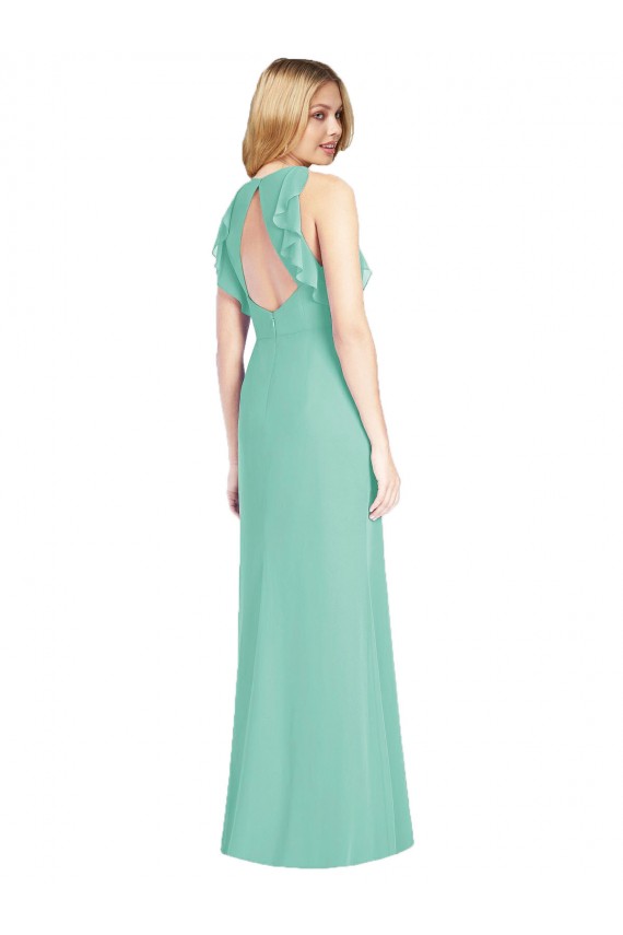 Großhandel Jade Meerjungfrau Juwel Ausschnitt Chiffon Lange Brautjungfernkleider