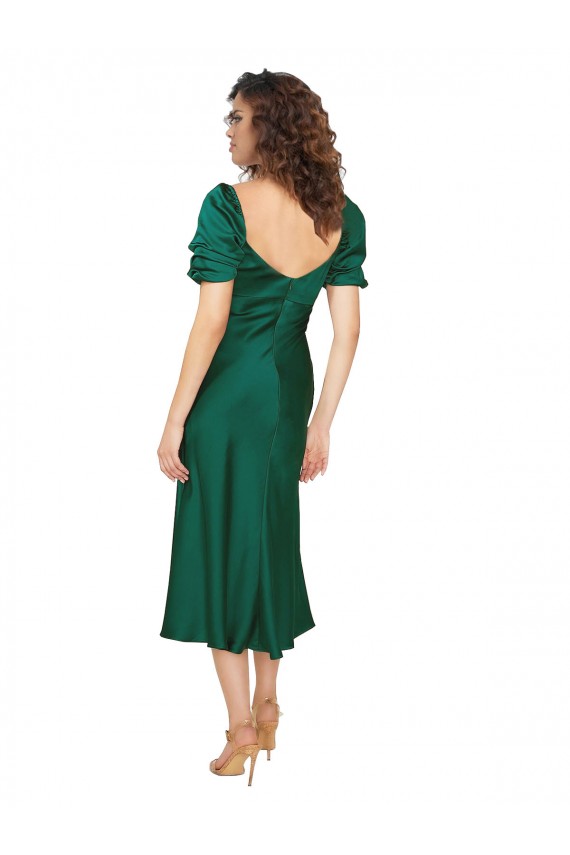 Großhandel Jagdgrün A-Linien Midi Seidiger Satin Kurze Formale Brautjungfernkleider / Abendkleider / Abiballkleider