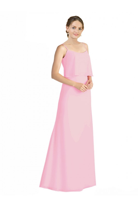 Großhandel Kaum Rosa A-Linien Spaghetti-Träger Chiffon Lange Brautjungfernkleider