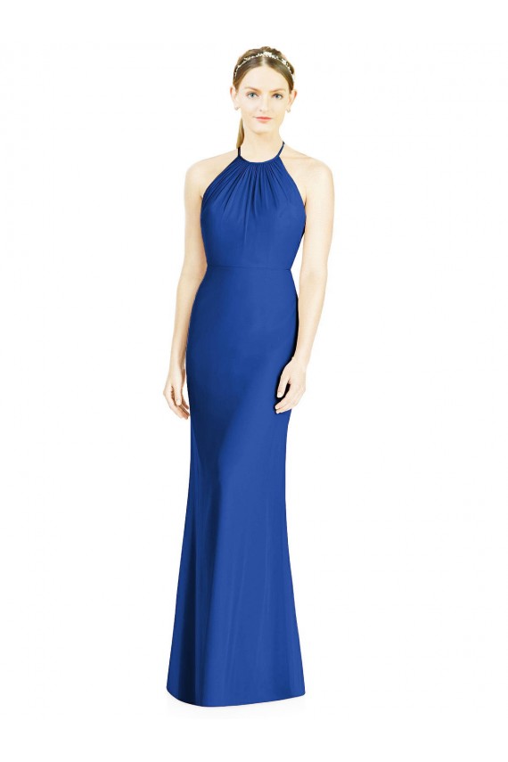 Großhandel Königsblau Trompete Neckholder Stehkragen Ausschnitt Chiffon Lange Brautjungfernkleider