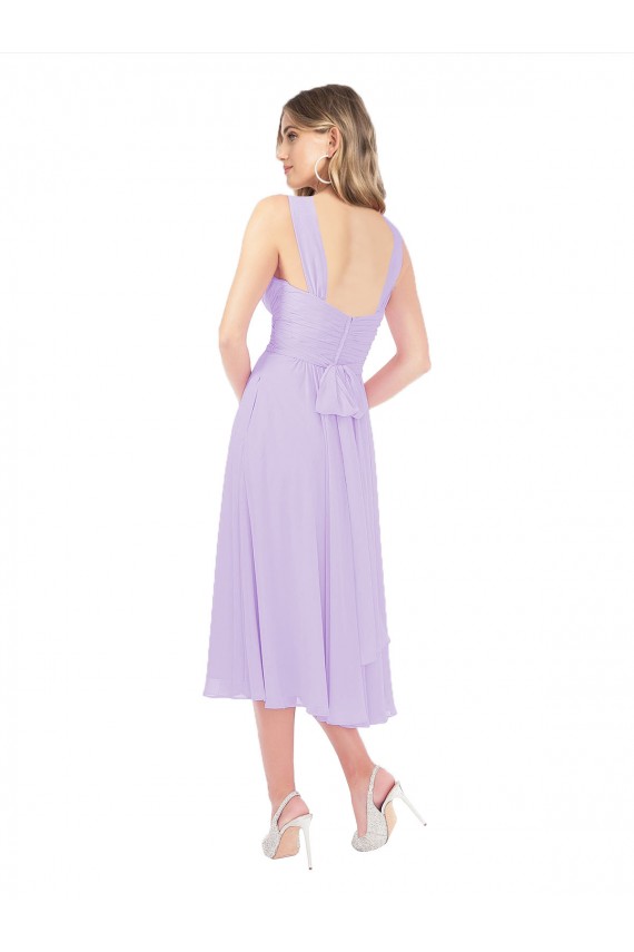 Großhandel Lila A-Linien Midi Chiffon Kurze Brautjungfernkleider / Cocktailkleider / Heimkehr Kleider