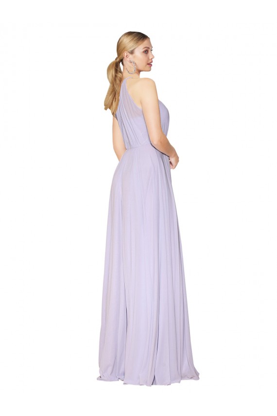 Großhandel Lila A-Linien Neckholder Stehkragen Ausschnitt Chiffon Lange Formale Brautjungfernkleider / Abendkleider / Abiballkleider